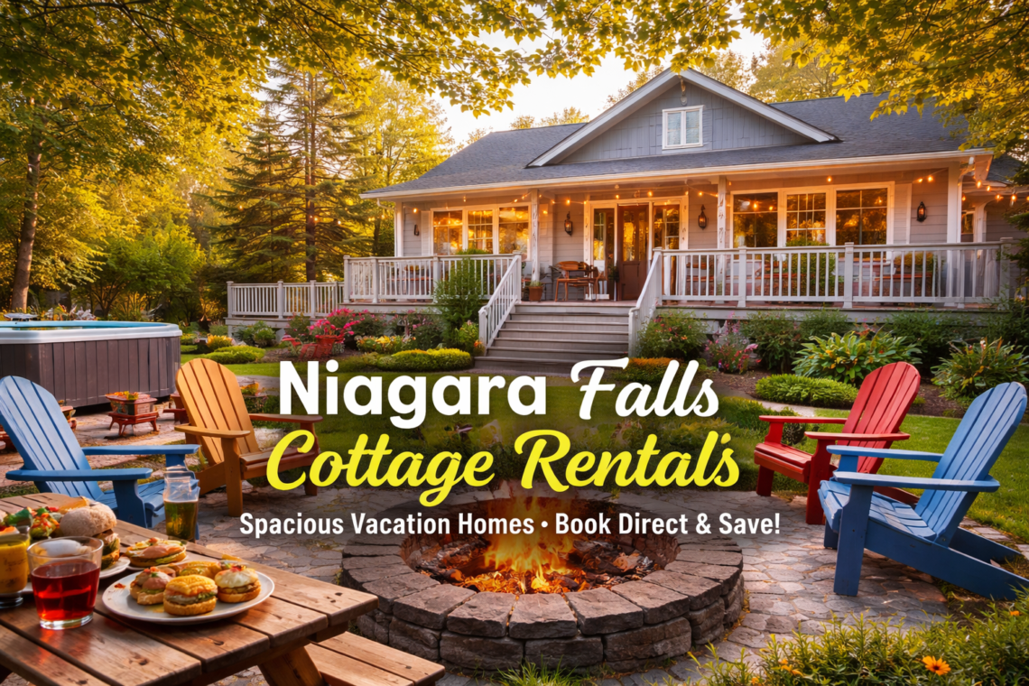Spacious Niagara Falls cottage rentals with kitchen, patio, and outdoor seating for family vacation stay